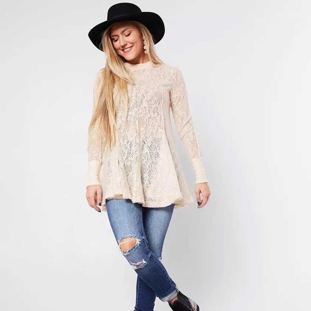 Free People Coffee In The Morning Tunic Crochet Knit Top Chamoix Medium Boho - Picture 6 of 15